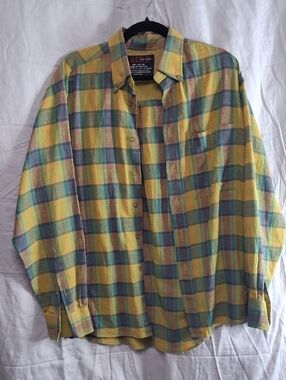 Classic Yellow Plaid Button-Down Shirt with Blue and Green Accents